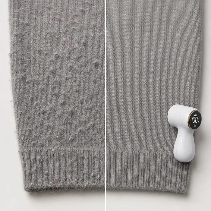 Before and After Comparison of Sweater Restored by NoFuzz Lint Remover